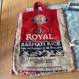 Graphic Royal Rice Burlap Market Bag, zippered top closure, handles.